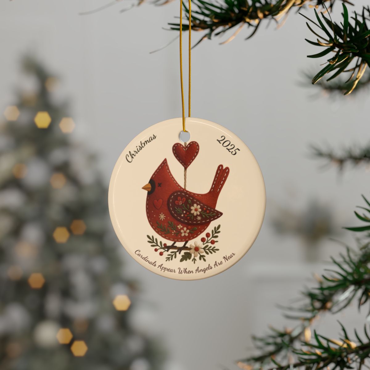 Personalized Folk Cardinal Christmas Ornament