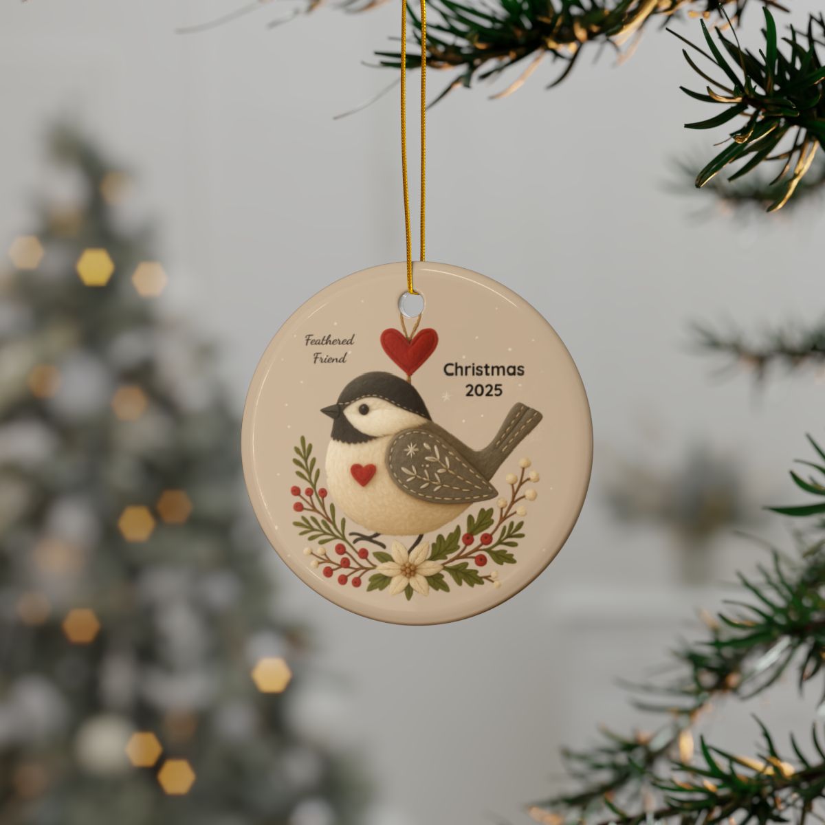 Personalized Folk Chickadee Feathered Friend Christmas Ornament