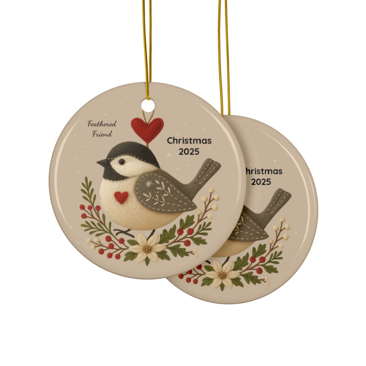 Personalized Folk Chickadee Feathered Friend Christmas Ornament