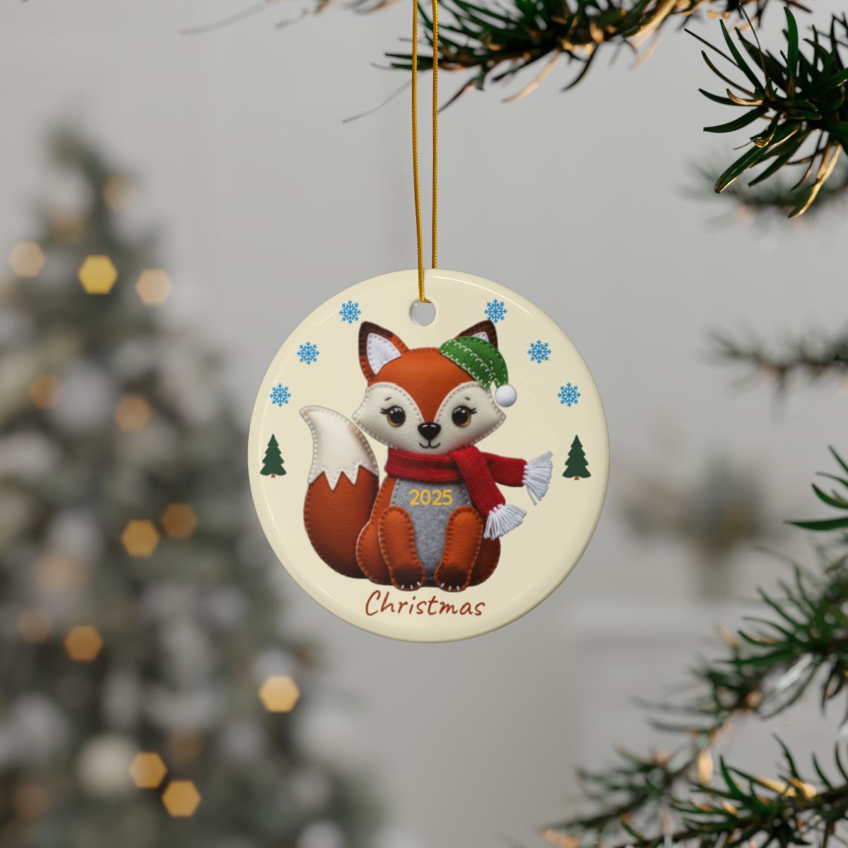 Personalized Folk Fox Circle Ornament