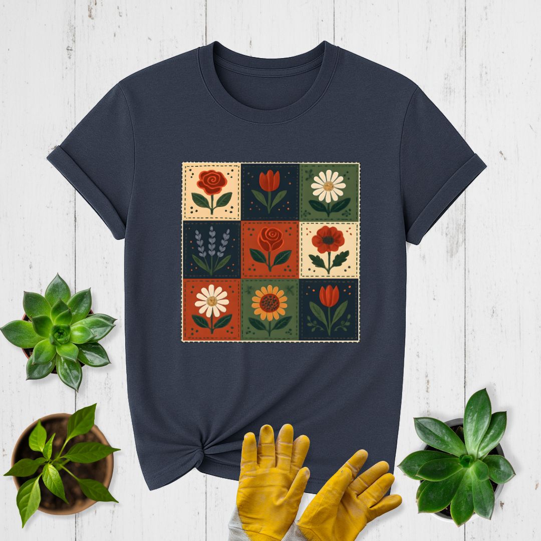Folk Checkerboard Garden Quilt T-shirt