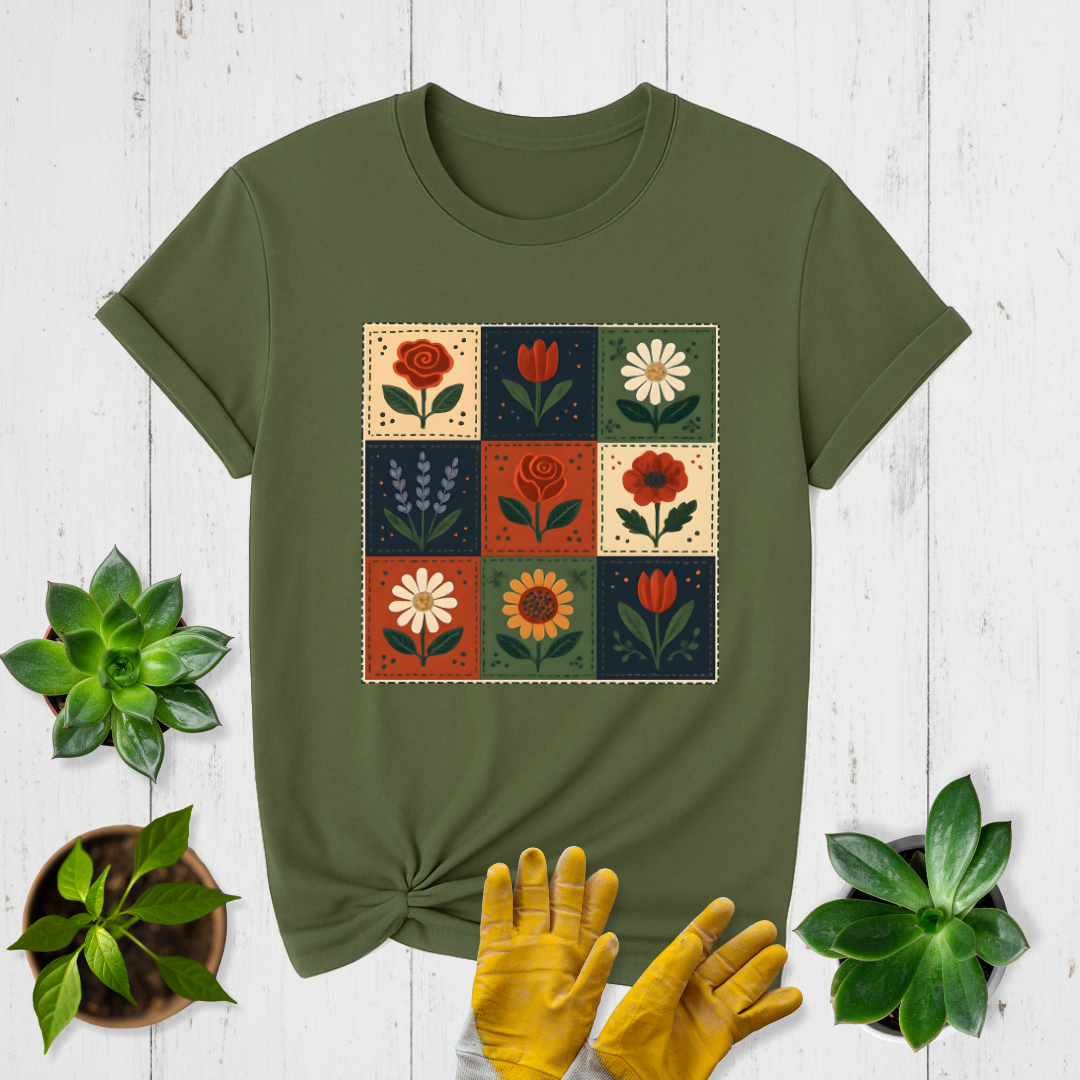 Folk Checkerboard Garden Quilt T-shirt