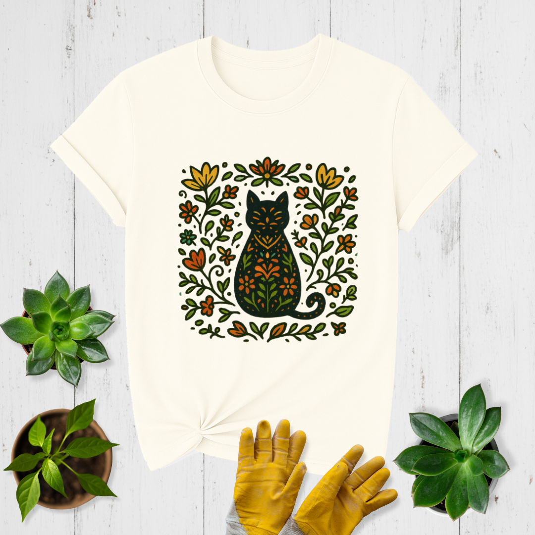 Folk Cat in Garden T-shirt
