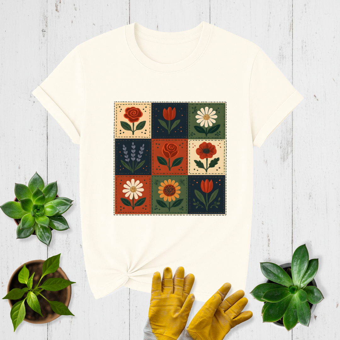 Folk Checkerboard Garden Quilt T-shirt