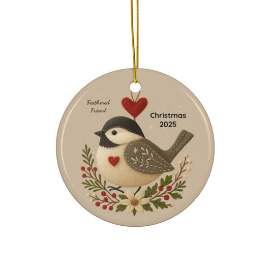 Personalized Folk Chickadee Feathered Friend Christmas Ornament