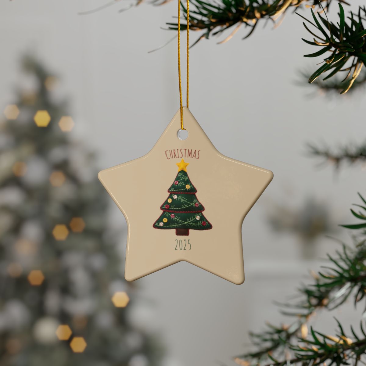 Personalized Folk Christmas Tree Star Ornament