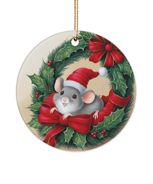 Mouse with Red Bow on Holly Wreath Ornament