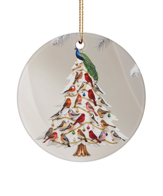 Peacock Atop a Bird-Filled Christmas Tree Ornament