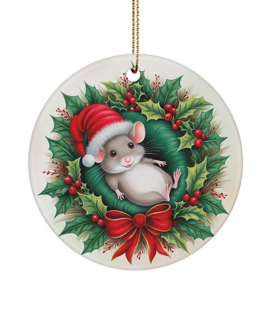 Mouse Reclining in a Christmas Holly Wreath Ornament