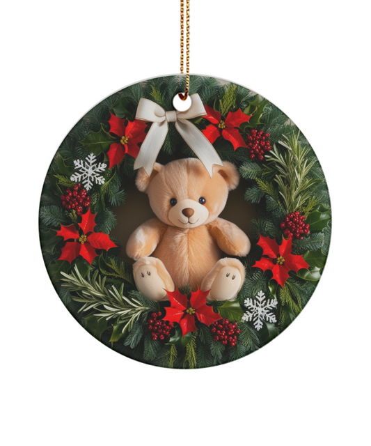 Cute Teddy Bear in a Wreath Ornament